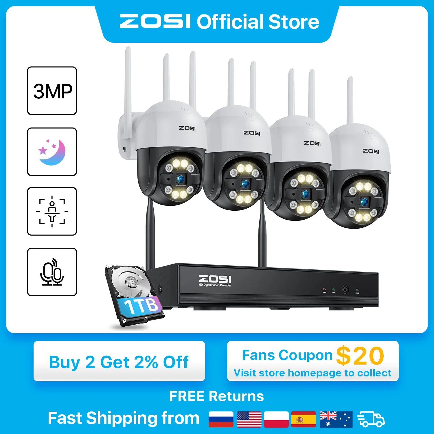 Kit de vidéosurveillance, PTZ Wifi 2K, 3mp, 8CH, extérieur/intérieur